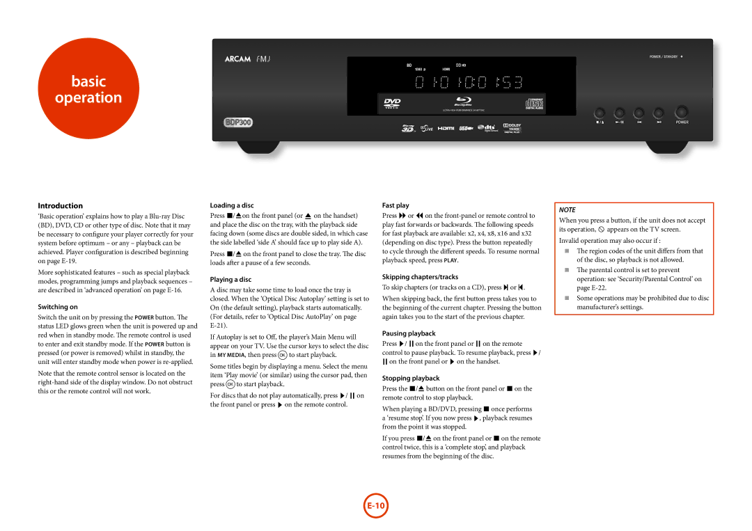 Arcam BDP300 manual Basic Operation, Introduction, To skip chapters or tracks on a CD, press / or 