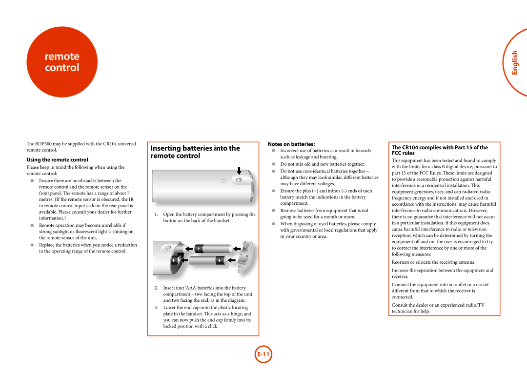 Arcam BDP300 manual Using the remote control, CR104 complies with Part 15 of the FCC rules 