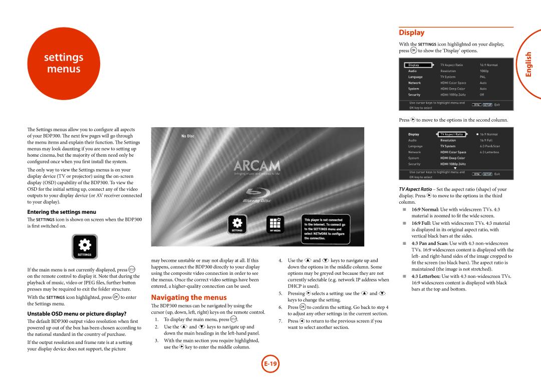 Arcam BDP300 manual Settings Menus, Display, Navigating the menus, Entering the settings menu 