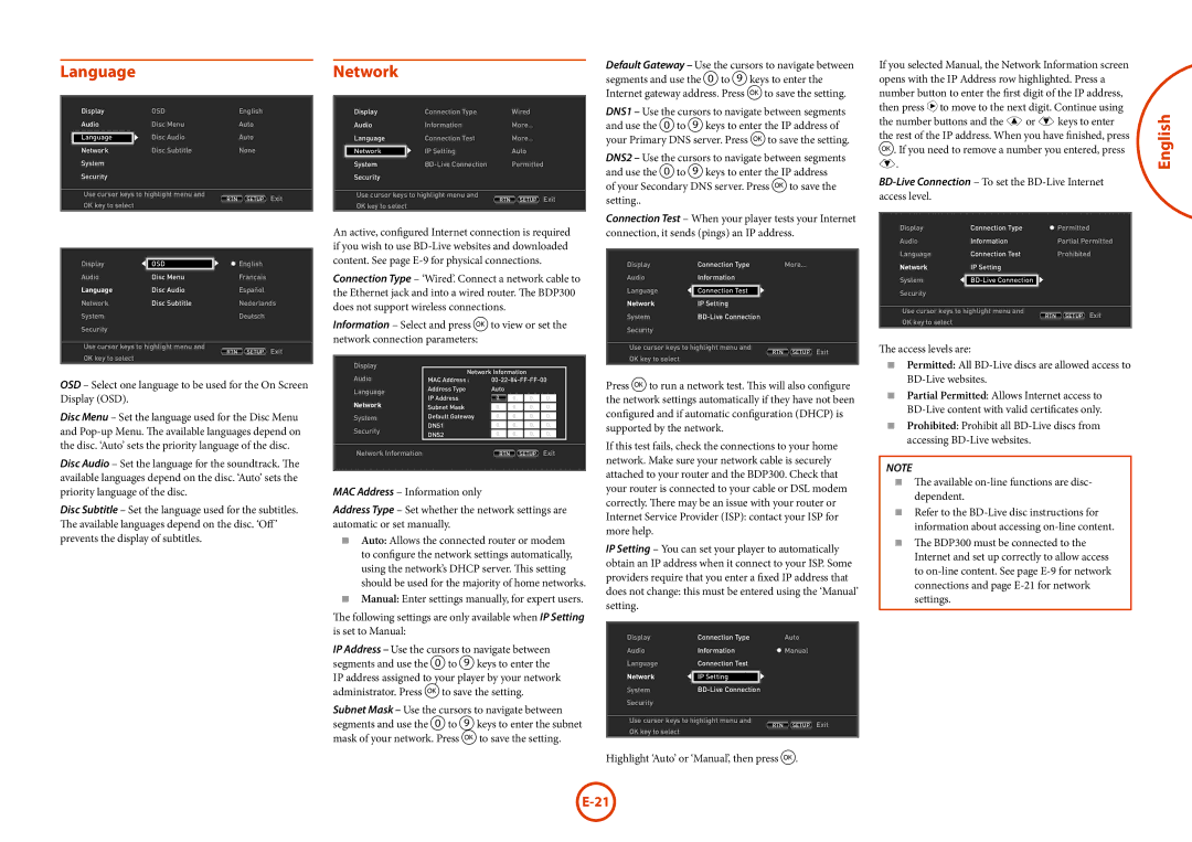 Arcam BDP300 manual Language, Network 