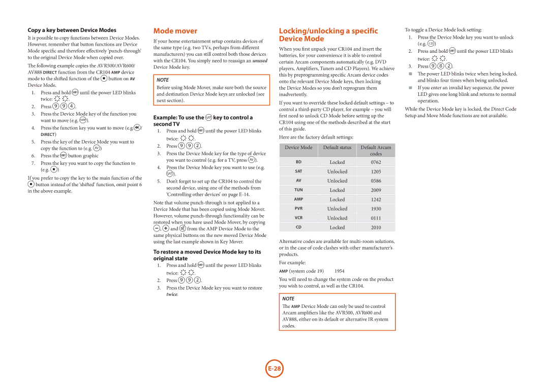 Arcam BDP300 manual Mode mover, Locking/unlocking a specific Device Mode, Copy a key between Device Modes 