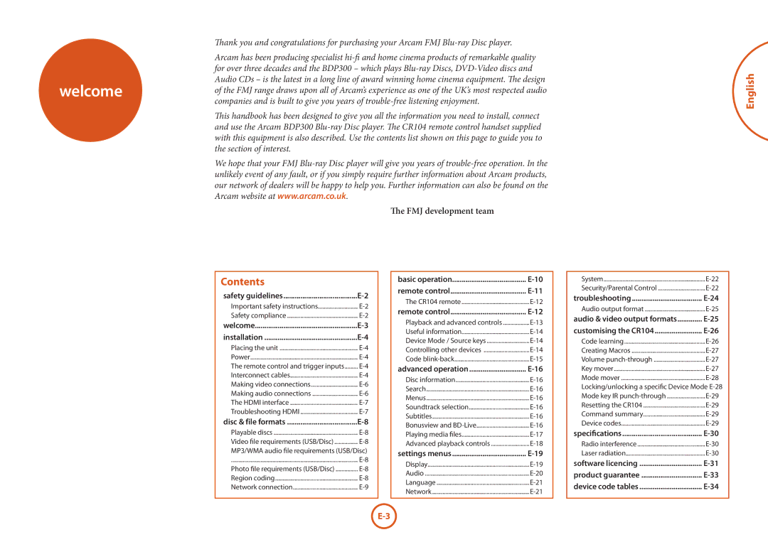 Arcam BDP300 manual Welcome, Contents 