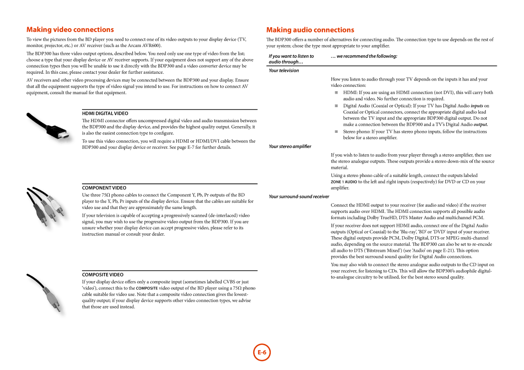 Arcam BDP300 manual Making video connections, Making audio connections 