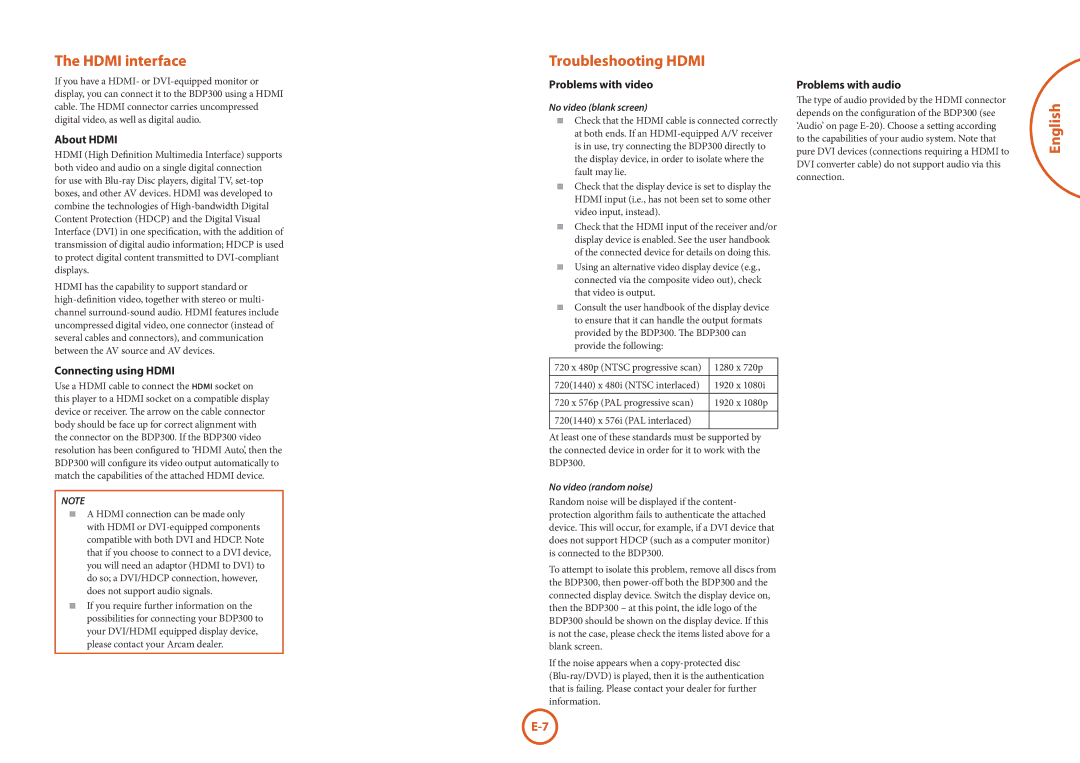 Arcam BDP300 manual Hdmi interface, Troubleshooting Hdmi 
