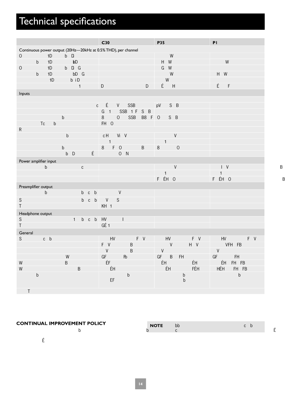 Arcam C30, P35 manual Technical specifications, Continual Improvement Policy, C30 P35, Input impedance 22k Ω Gain 31.5dB 