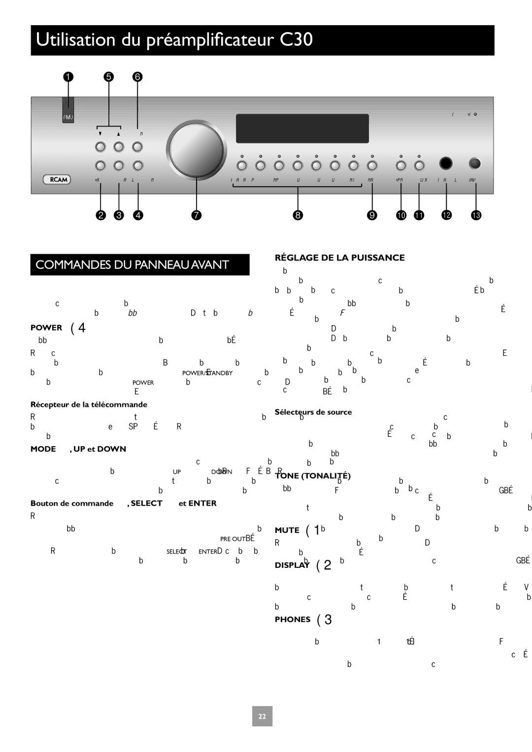 Arcam C30, P35, P1 manual Utilisation du préamplificateur C30, Commandes DU Panneau Avant, Réglage DE LA Puissance 