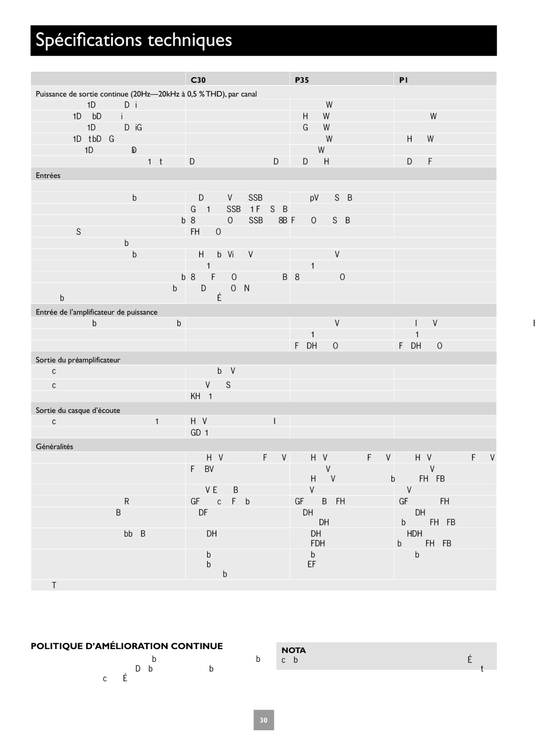 Arcam C30, P35 manual Spécifications techniques, Politique D’AMÉLIORATION Continue, Impédance d’entrée 22 kΩ Gain 31,5 dB 