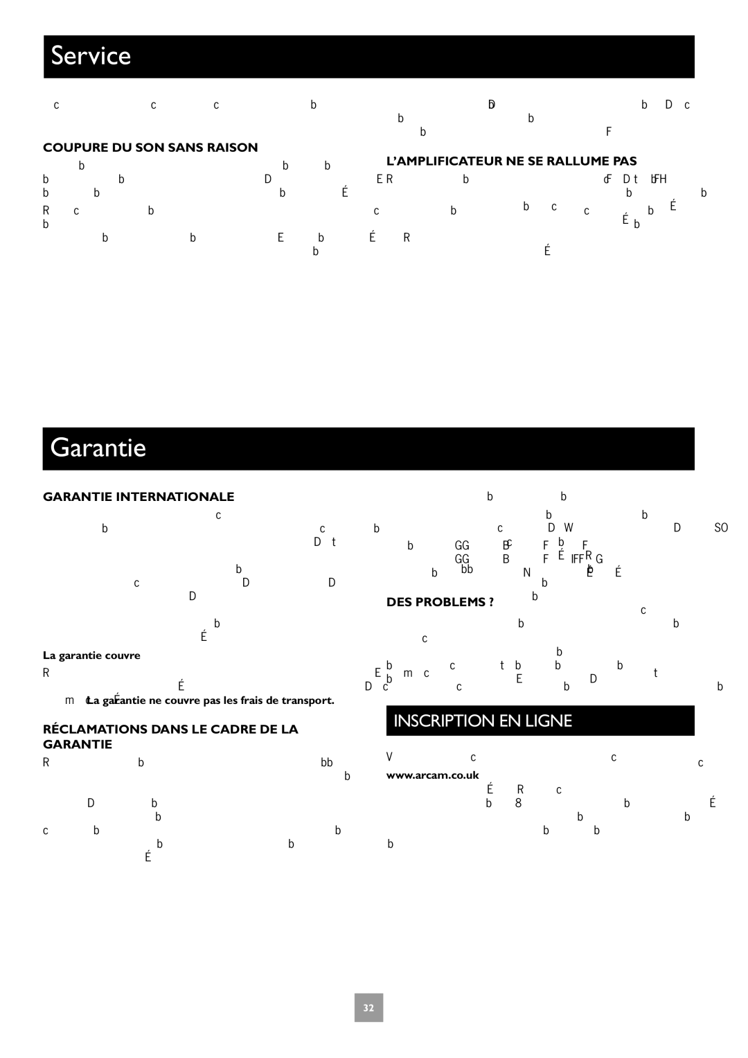 Arcam C30, P35, P1 manual Service, Garantie, Inscription EN Ligne 