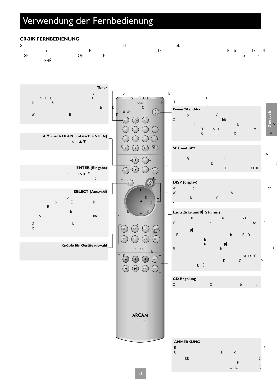 Arcam C30, P35, P1 manual Verwendung der Fernbedienung, CR-389 Fernbedienung 