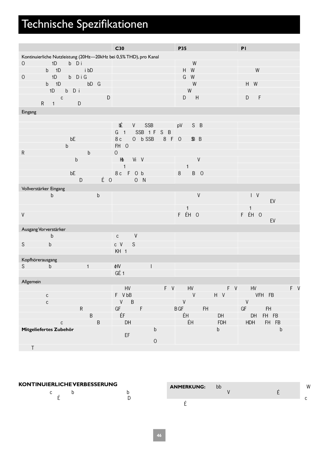 Arcam C30, P35, P1 manual Technische Spezifikationen, Kontinuierliche Verbesserung, Mitgeliefertes Zubehör 