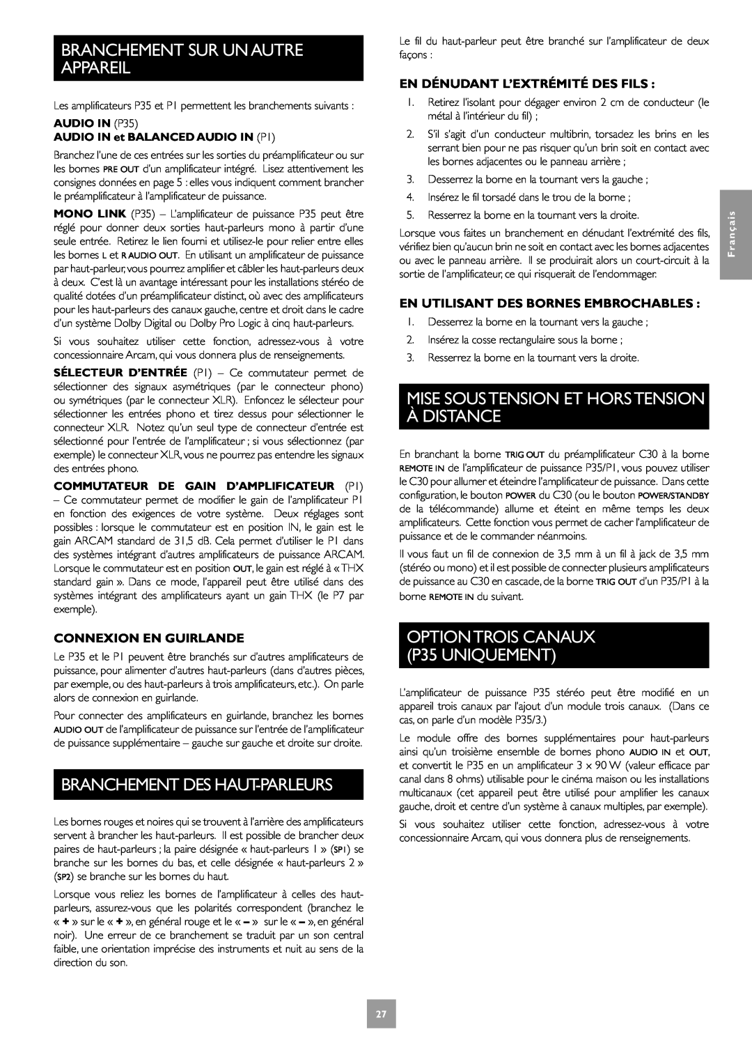 Arcam C30, P35, P1 manual Branchement Des Haut-Parleurs, Mise Soustension Et Horstension À Distance, Connexion En Guirlande 