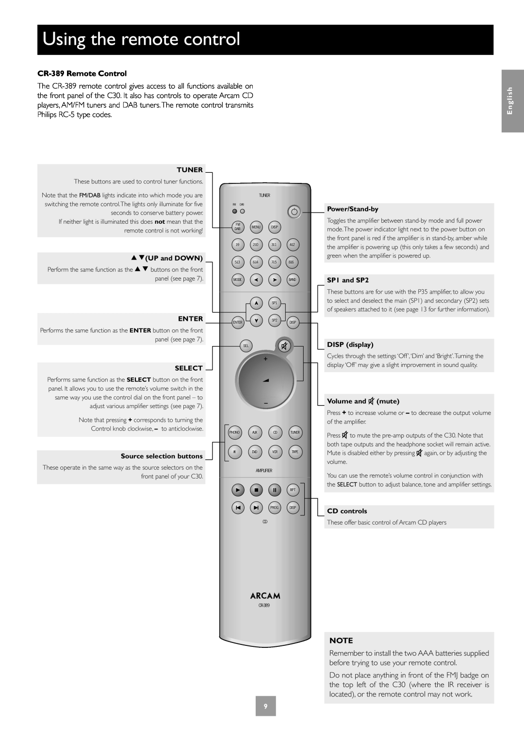 Arcam C30, P35, P1 manual Using the remote control, CR-389Remote Control, English 