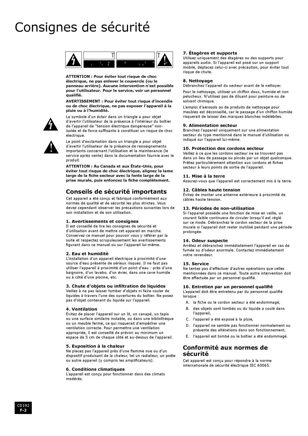 Arcam CD192 manual Consignes de sécurité, Conseils de sécurité importants, Conformité aux normes de sécurité 