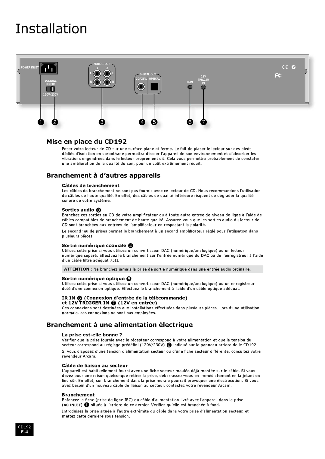 Arcam manual Mise en place du CD192, Branchement à d’autres appareils, Branchement à une alimentation électrique 