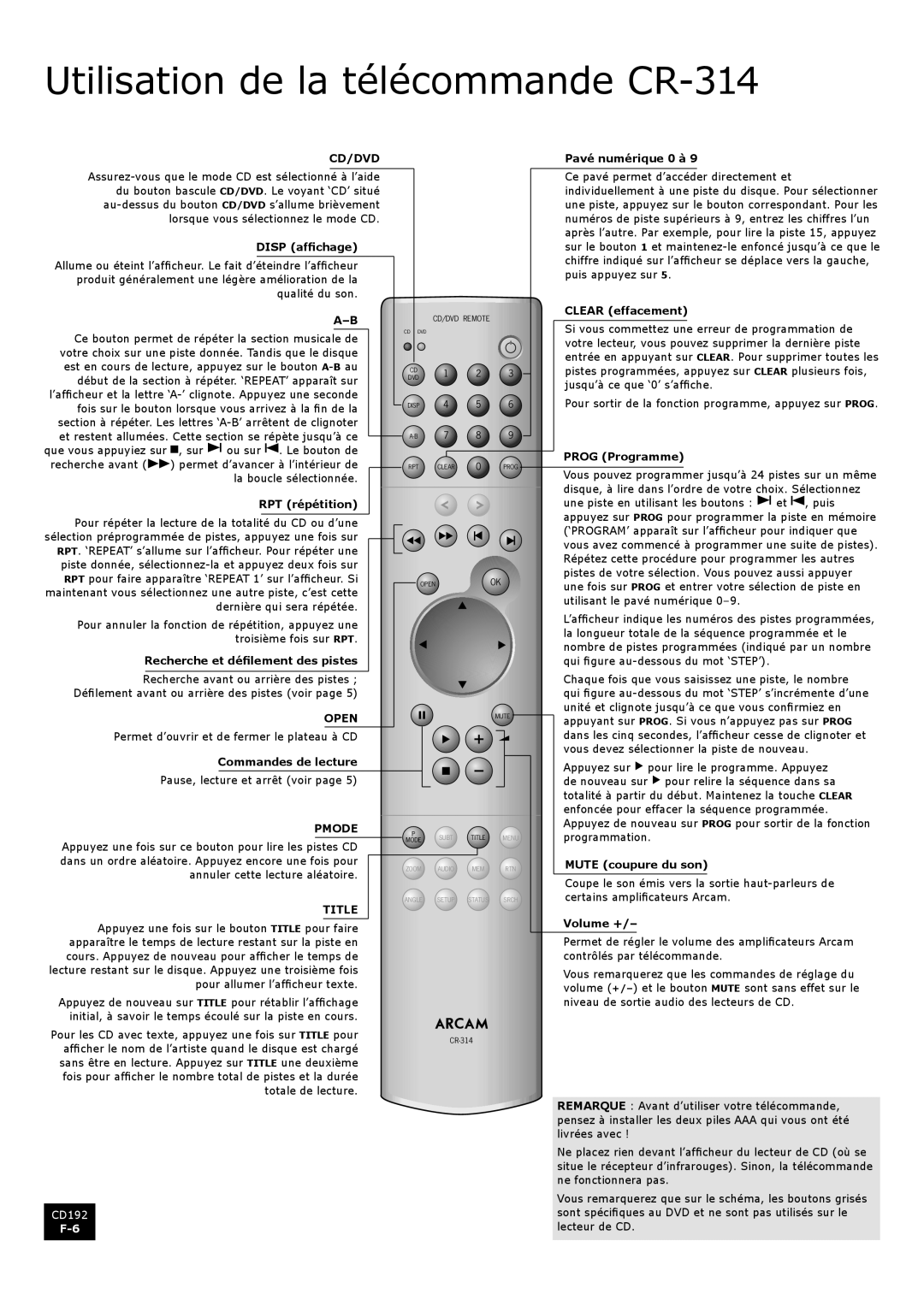 Arcam CD192 manual Utilisation de la télécommande CR-314 