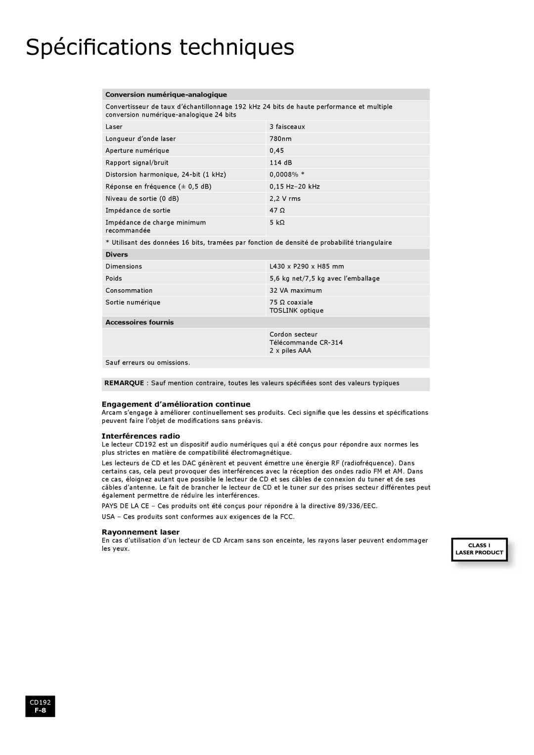 Arcam CD192 manual Spécifications techniques, Engagement d’amélioration continue, Interférences radio, Rayonnement laser 