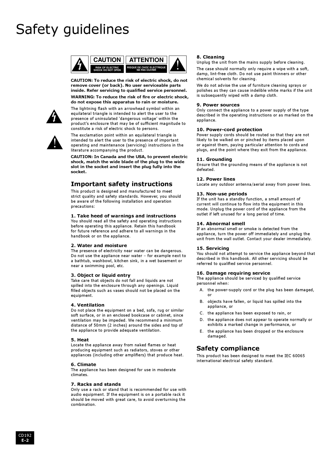 Arcam CD192 manual Safety guidelines, Important safety instructions, Safety compliance 