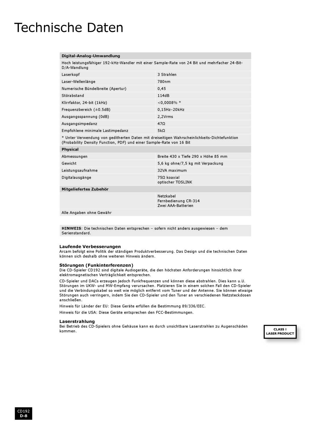 Arcam CD192 manual Technische Daten, Laufende Verbesserungen, Störungen Funkinterferenzen, Laserstrahlung 