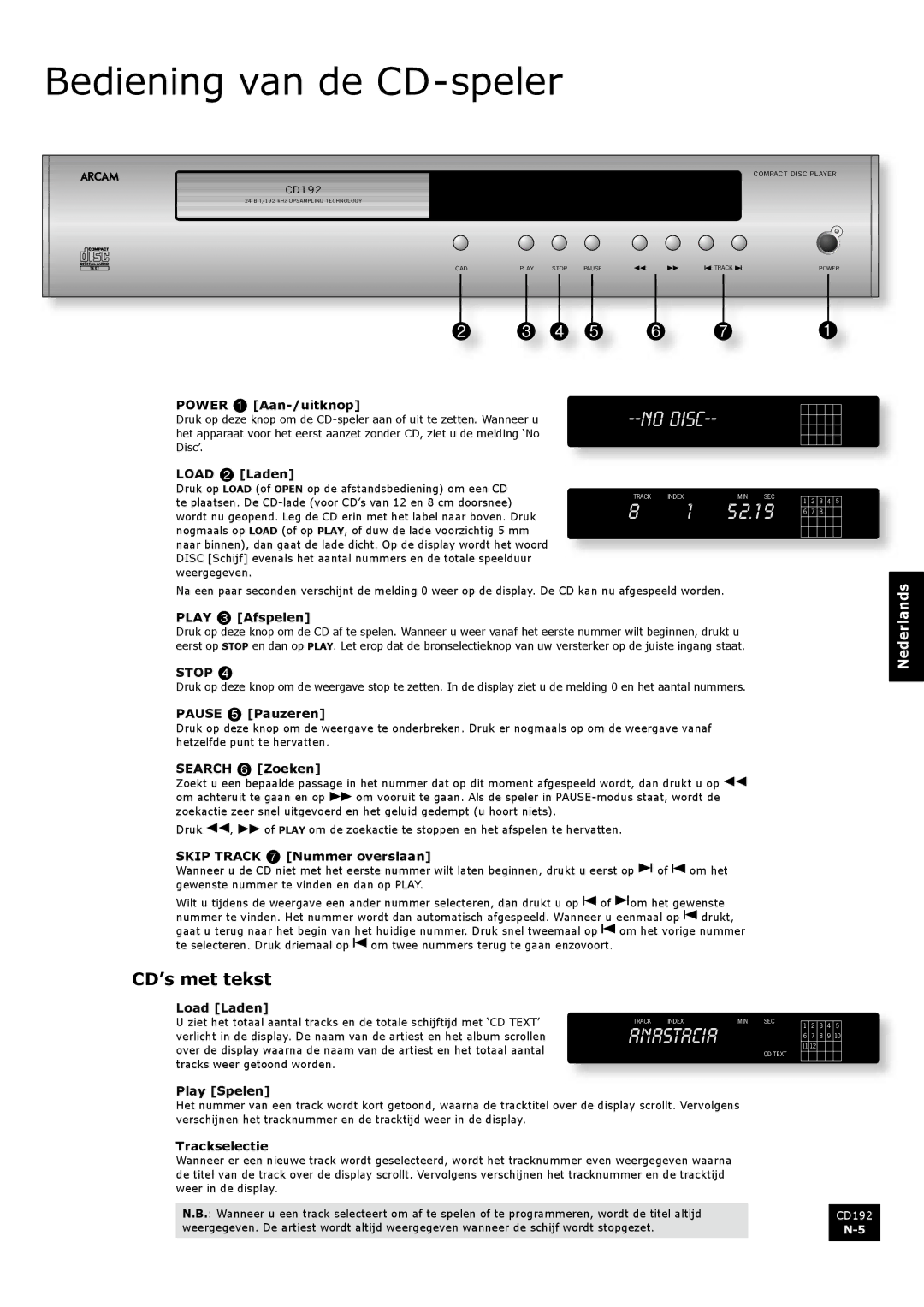 Arcam CD192 manual Bediening van de CD-speler, CD’s met tekst 