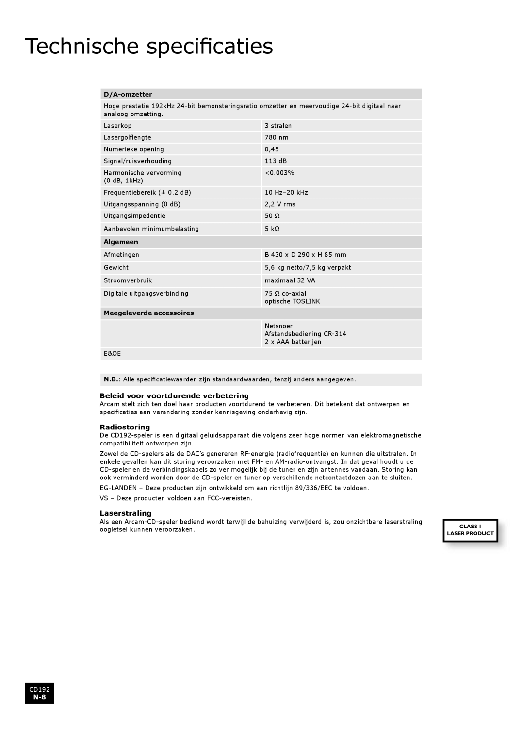 Arcam CD192 manual Technische specificaties, Beleid voor voortdurende verbetering, Radiostoring, Laserstraling 