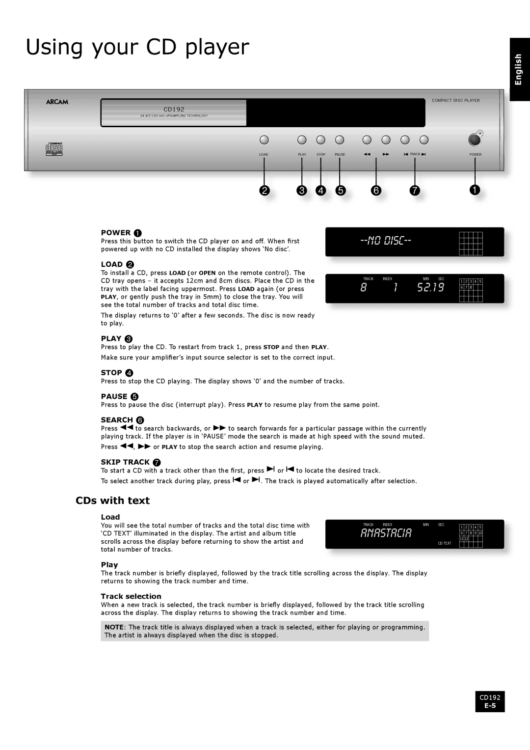 Arcam CD192 manual Using your CD player, CDs with text, Load, Play, Track selection 