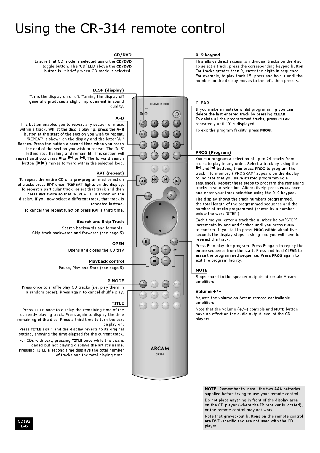 Arcam CD192 manual Using the CR-314 remote control 
