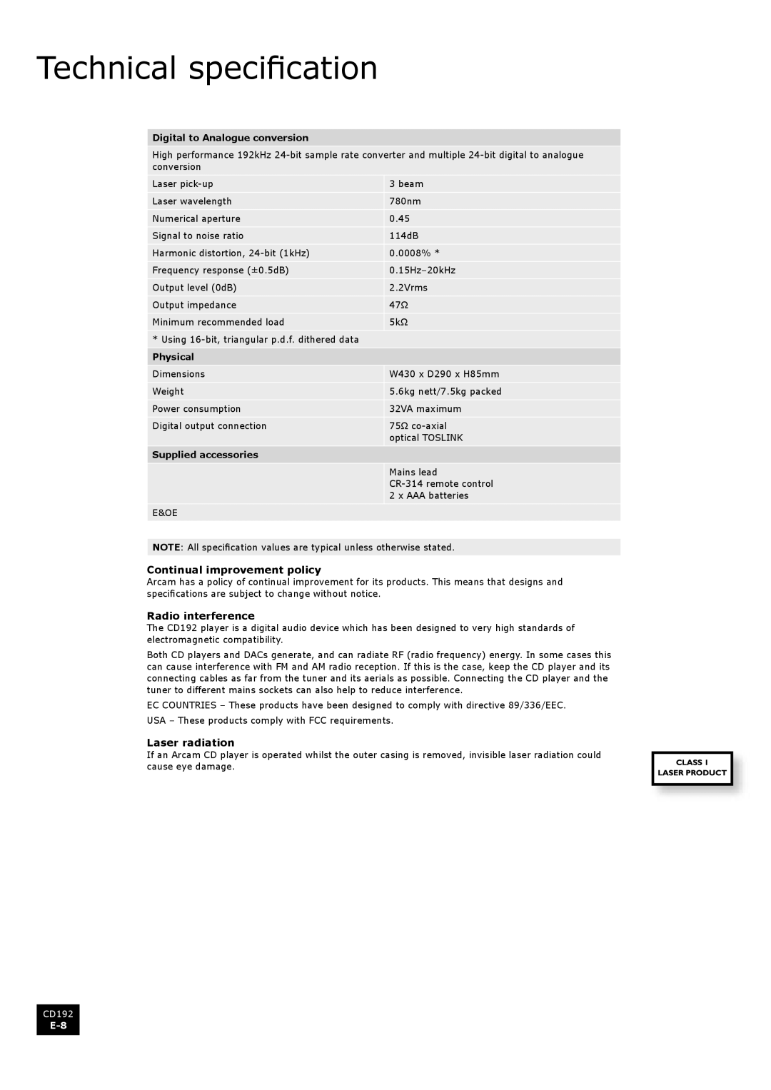 Arcam CD192 manual Technical specification, Continual improvement policy, Radio interference, Laser radiation 