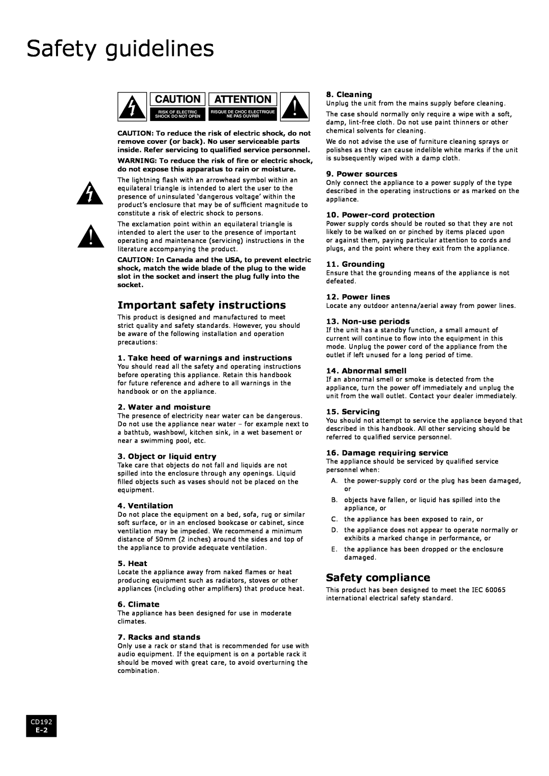 Arcam CD192 manual Safety guidelines, Important safety instructions, Safety compliance 