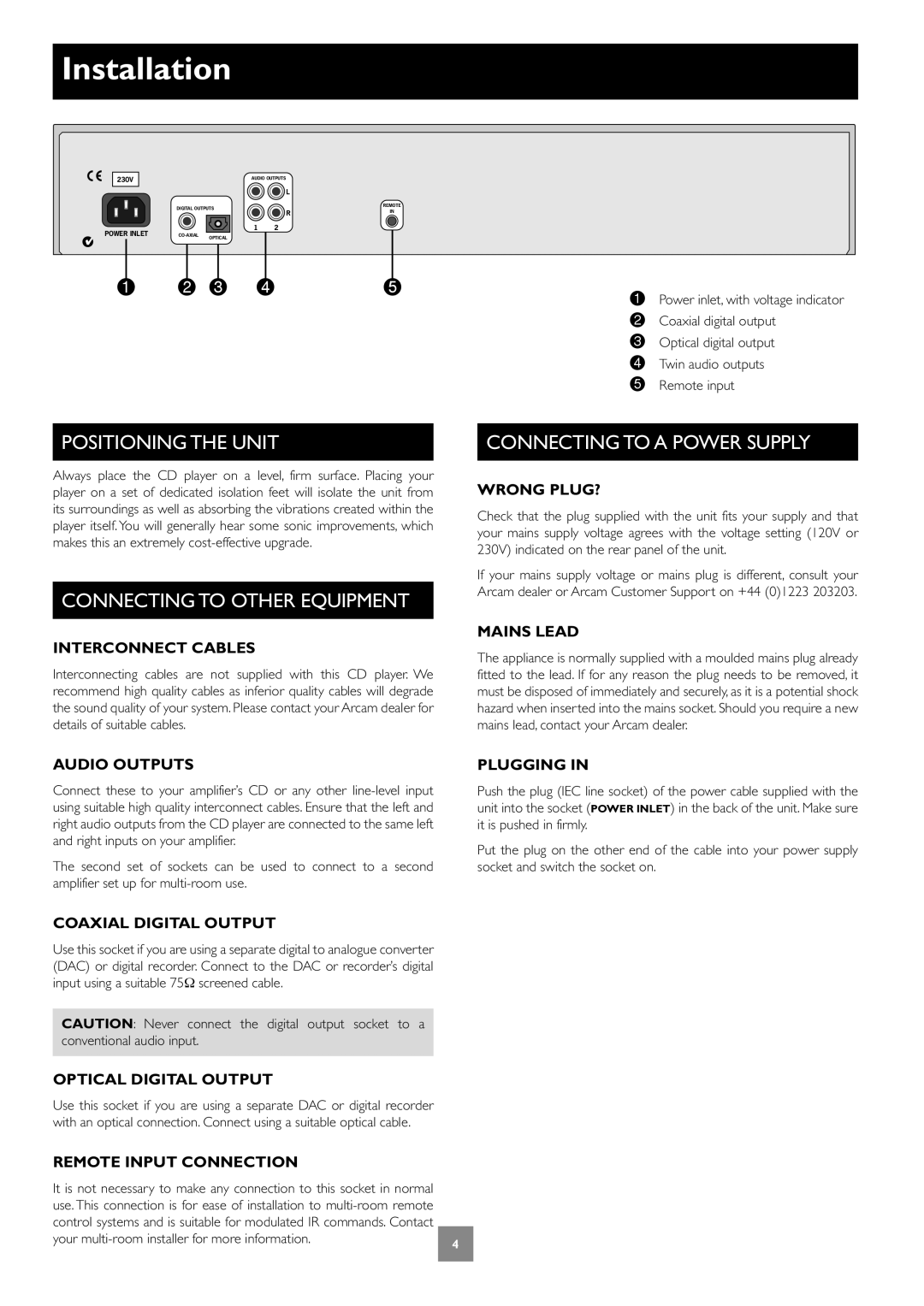 Arcam CD33 manual Installation, Positioning the Unit, Connecting to Other Equipment, Connecting to a Power Supply 