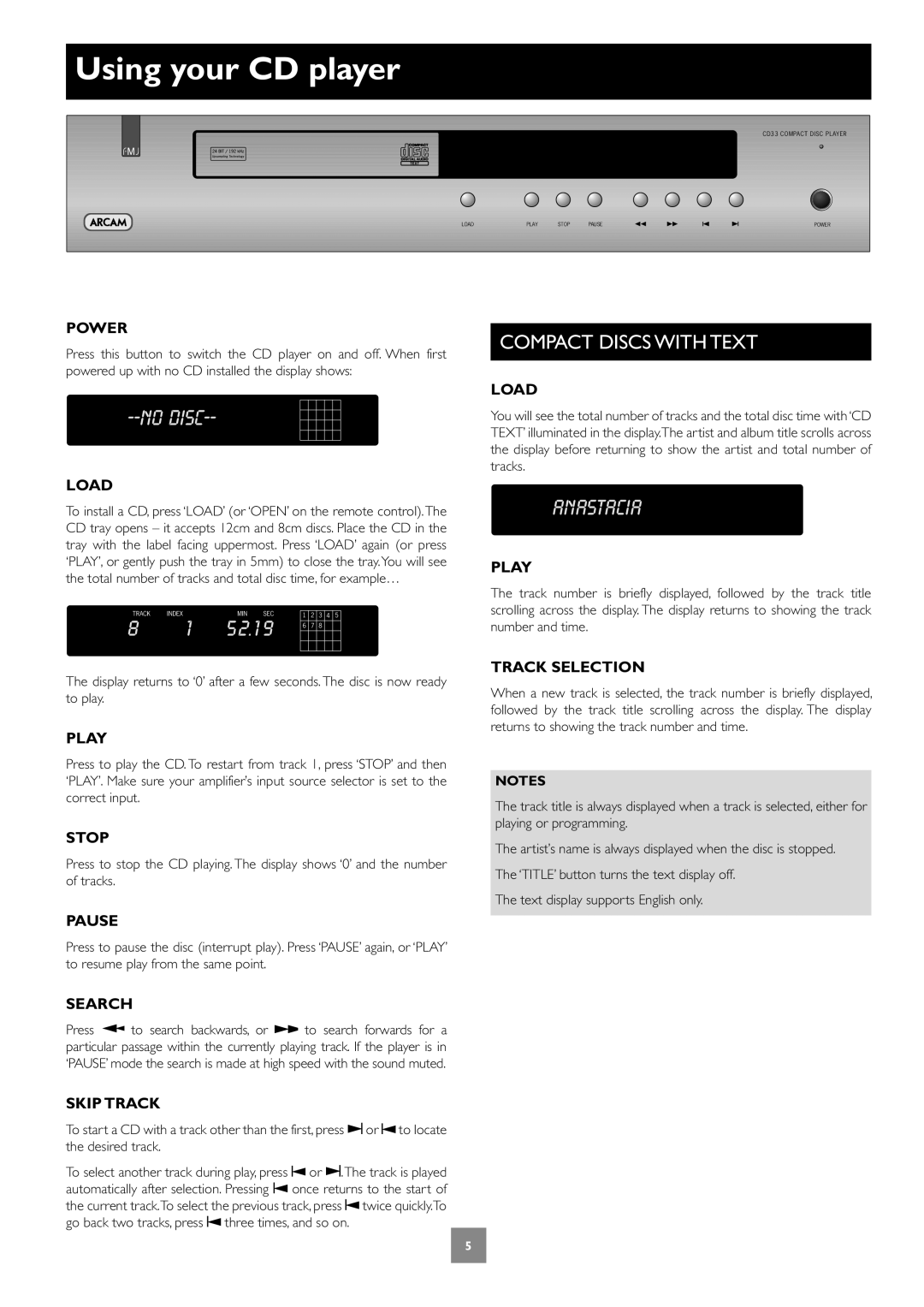 Arcam CD33 manual Using your CD player, Compact Discs with Text 