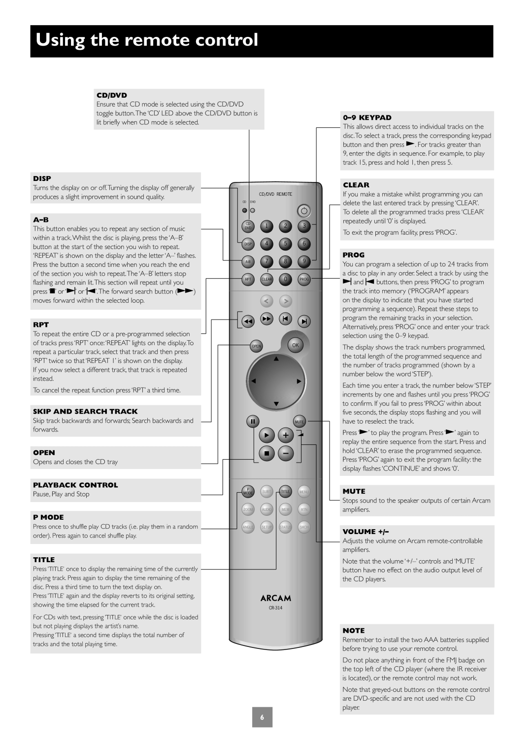 Arcam CD33 manual Using the remote control, Cd/Dvd 