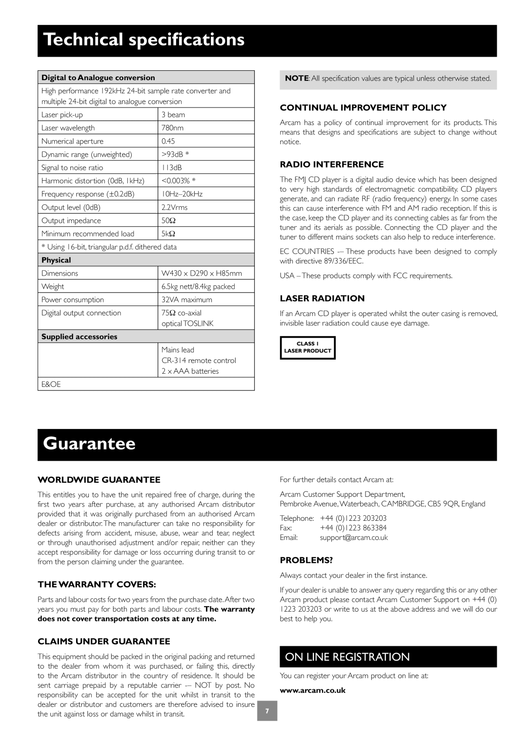 Arcam CD33 manual Technical specifications, Guarantee, On Line Registration 