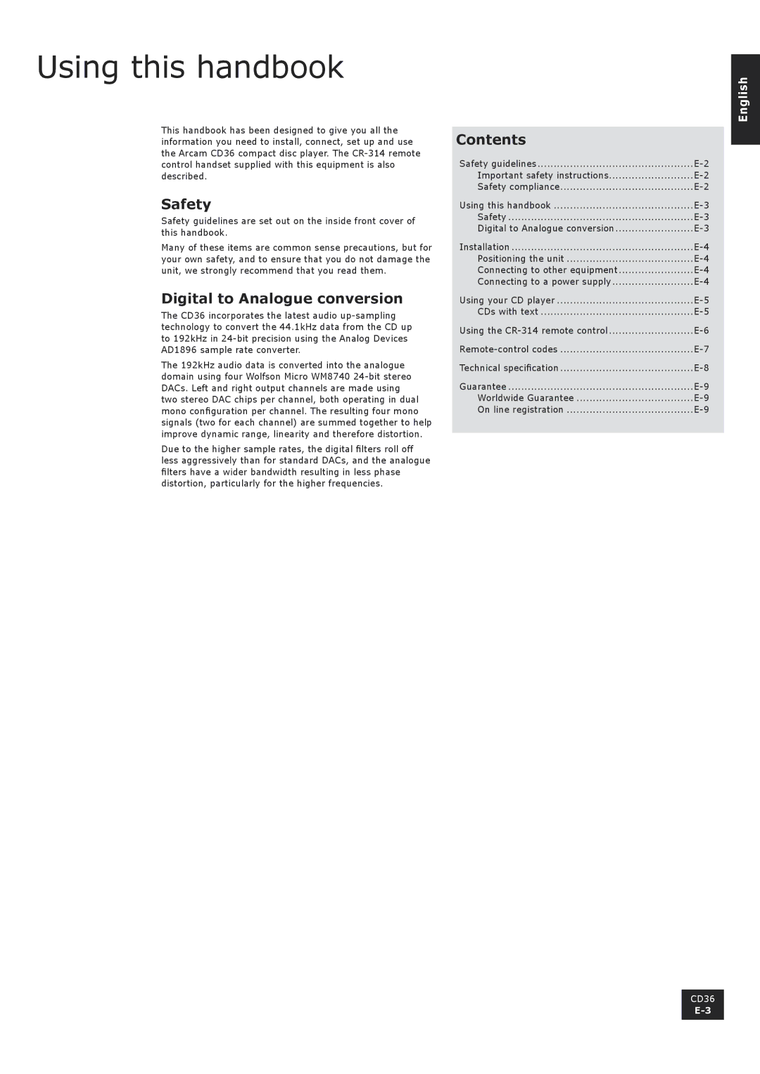 Arcam CD36 manual Using this handbook, Safety, Digital to Analogue conversion, Contents 