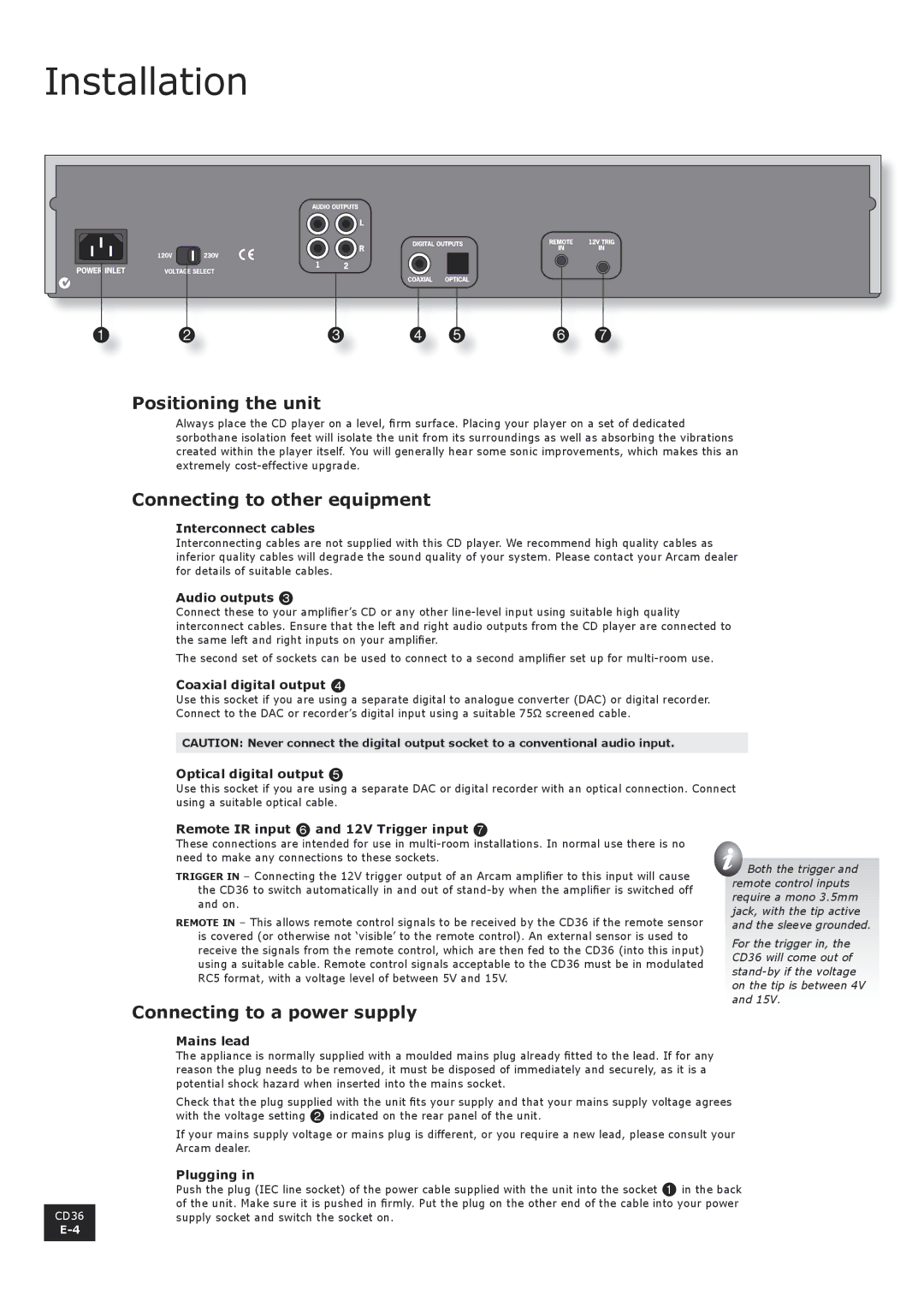 Arcam CD36 manual Installation, Positioning the unit, Connecting to other equipment, Connecting to a power supply 