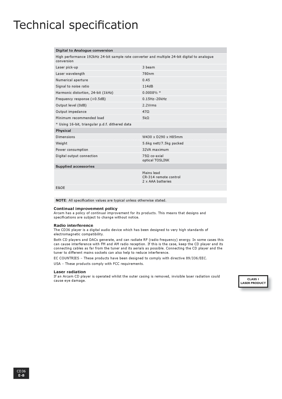 Arcam CD36 manual Technical specification, Continual improvement policy, Radio interference, Laser radiation 