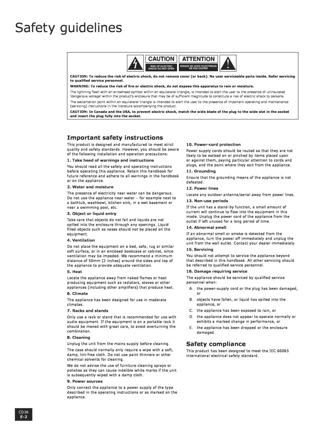 Arcam CD36 manual Safety guidelines, Important safety instructions, Safety compliance, Caution Attention 