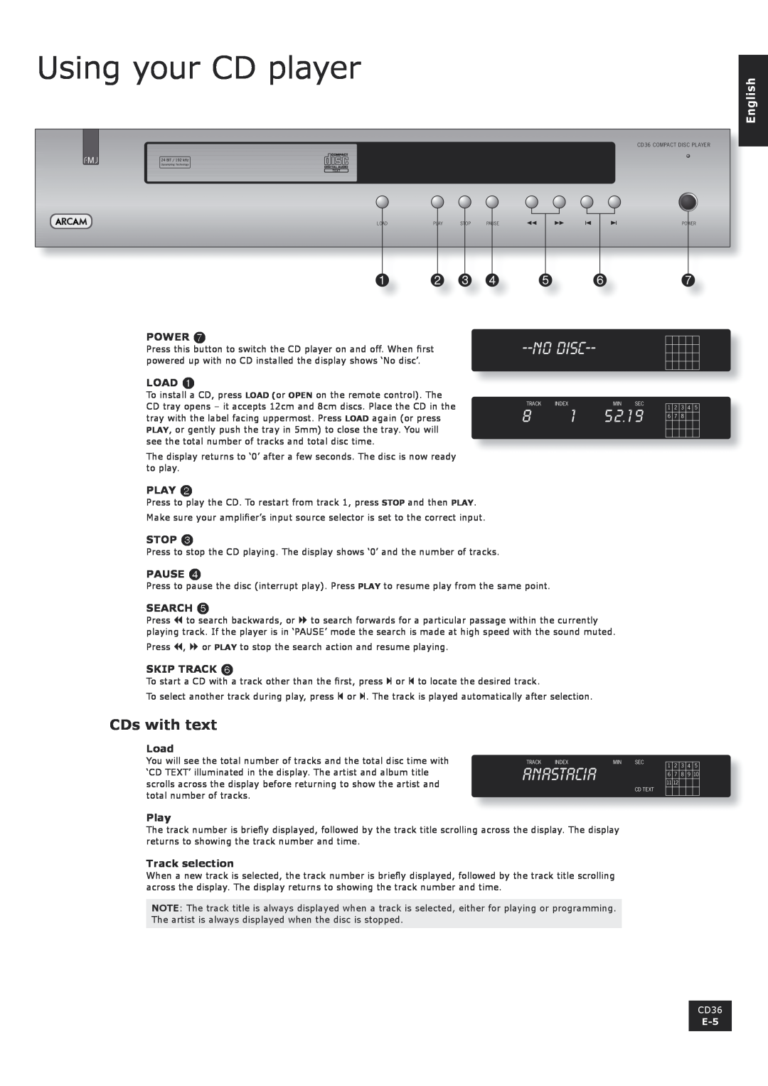 Arcam CD36 Using your CD player, CDs with text, Power, Load, Play, Stop, Pause, Search, Skip Track, Track selection, 52.19 