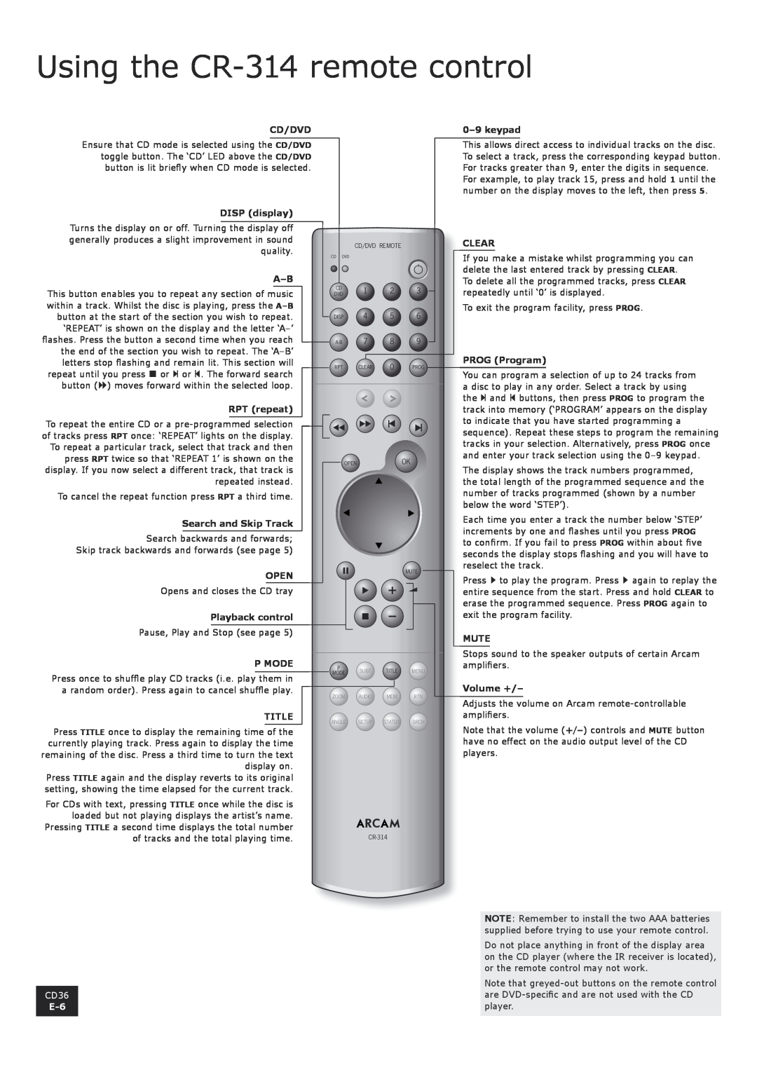 Arcam CD36 manual Using the CR-314 remote control 