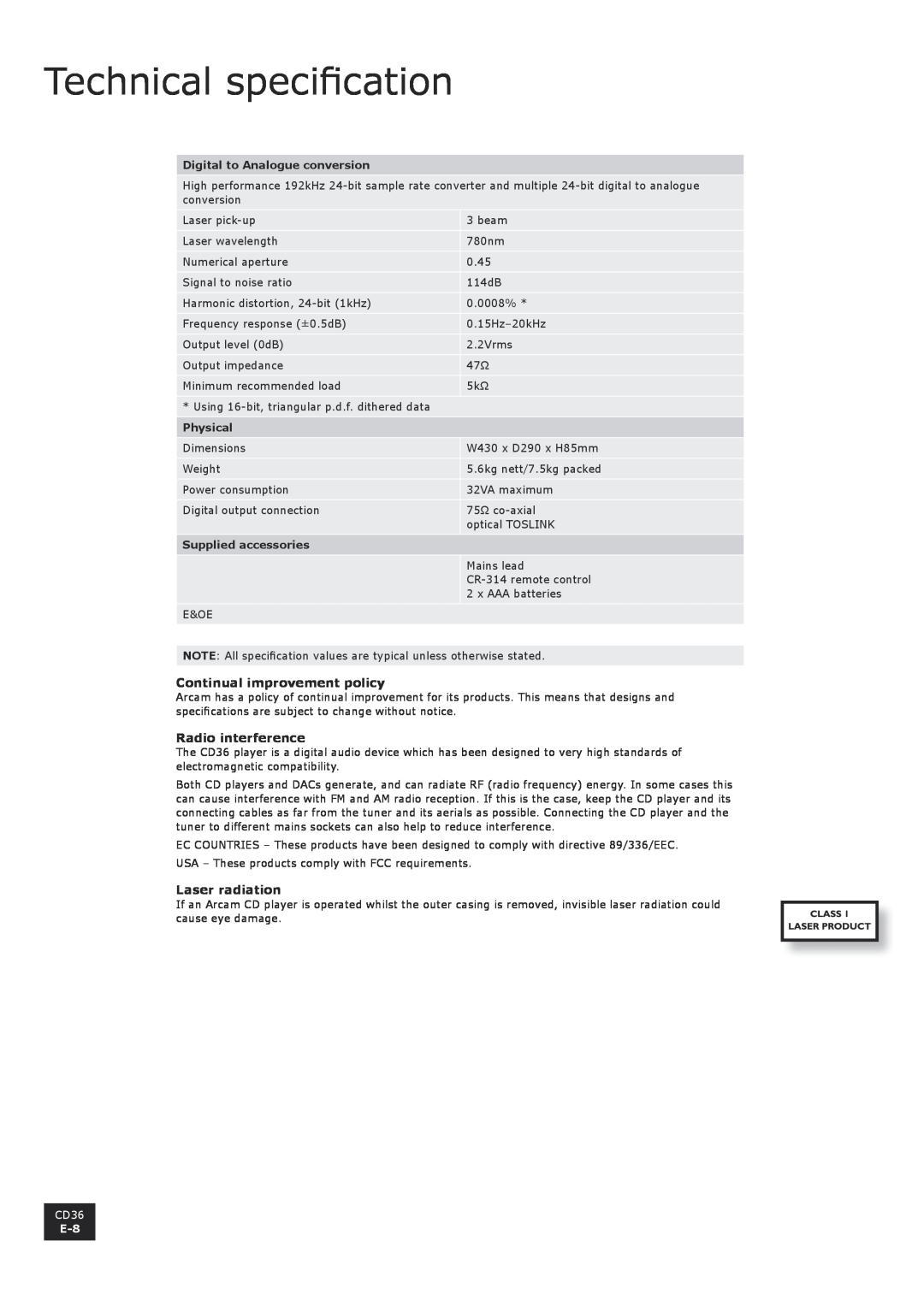 Arcam CD36 manual Technical specification, Continual improvement policy, Radio interference, Laser radiation 