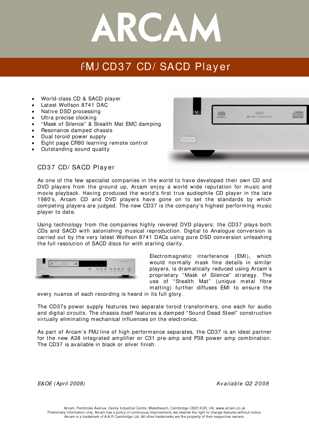 Arcam manual 23425, CD37 CD/SACD Player, New product information DV139 DVD player, Available Q2 