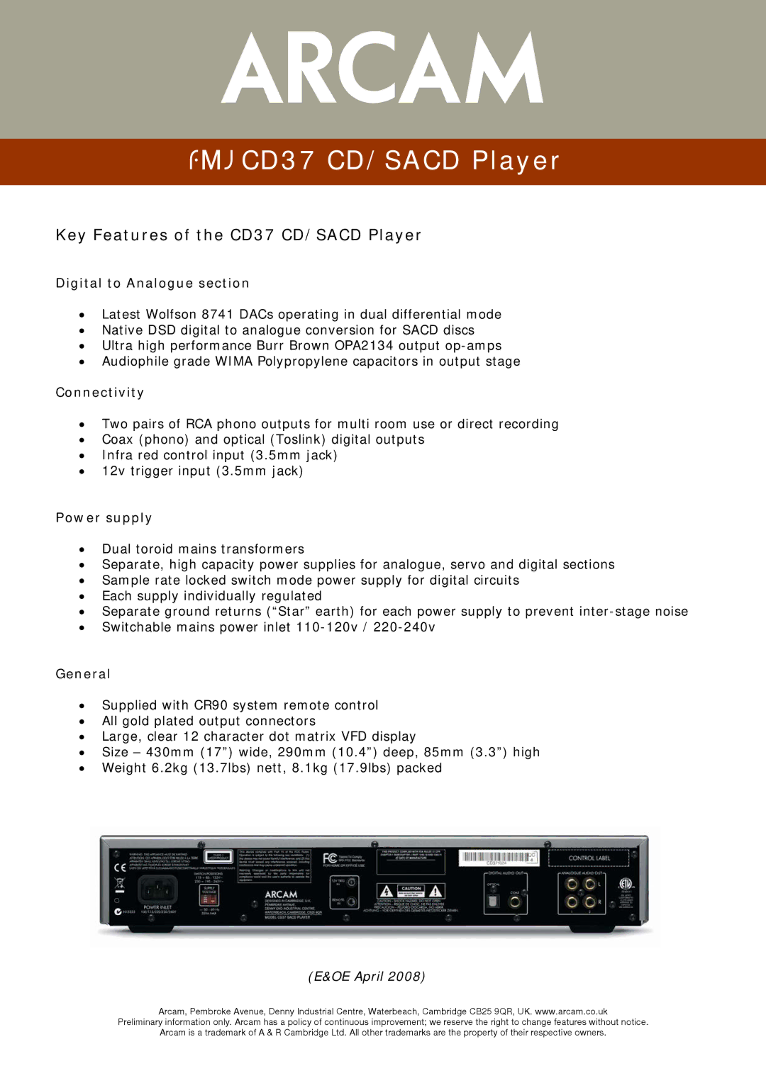 Arcam manual Key Features of the CD37 CD/SACD Player, Digital to Analogue section, Connectivity, Power supply, General 