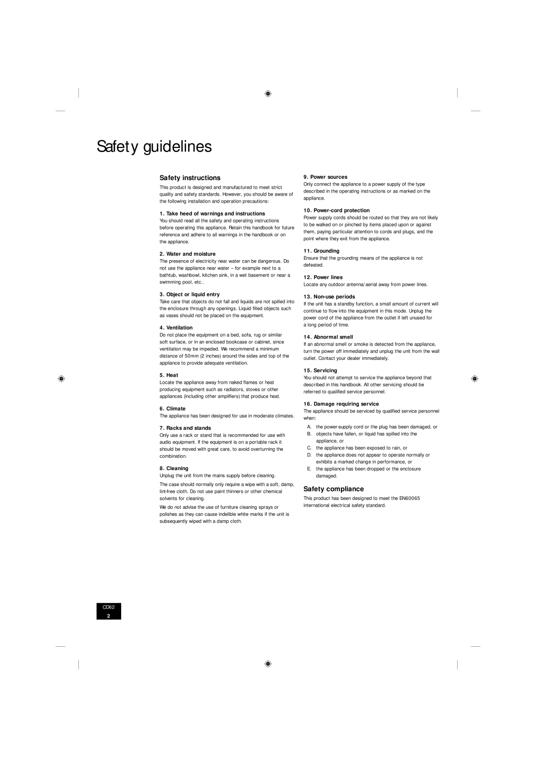 Arcam CD62 manual Safety guidelines, Safety instructions, Safety compliance 