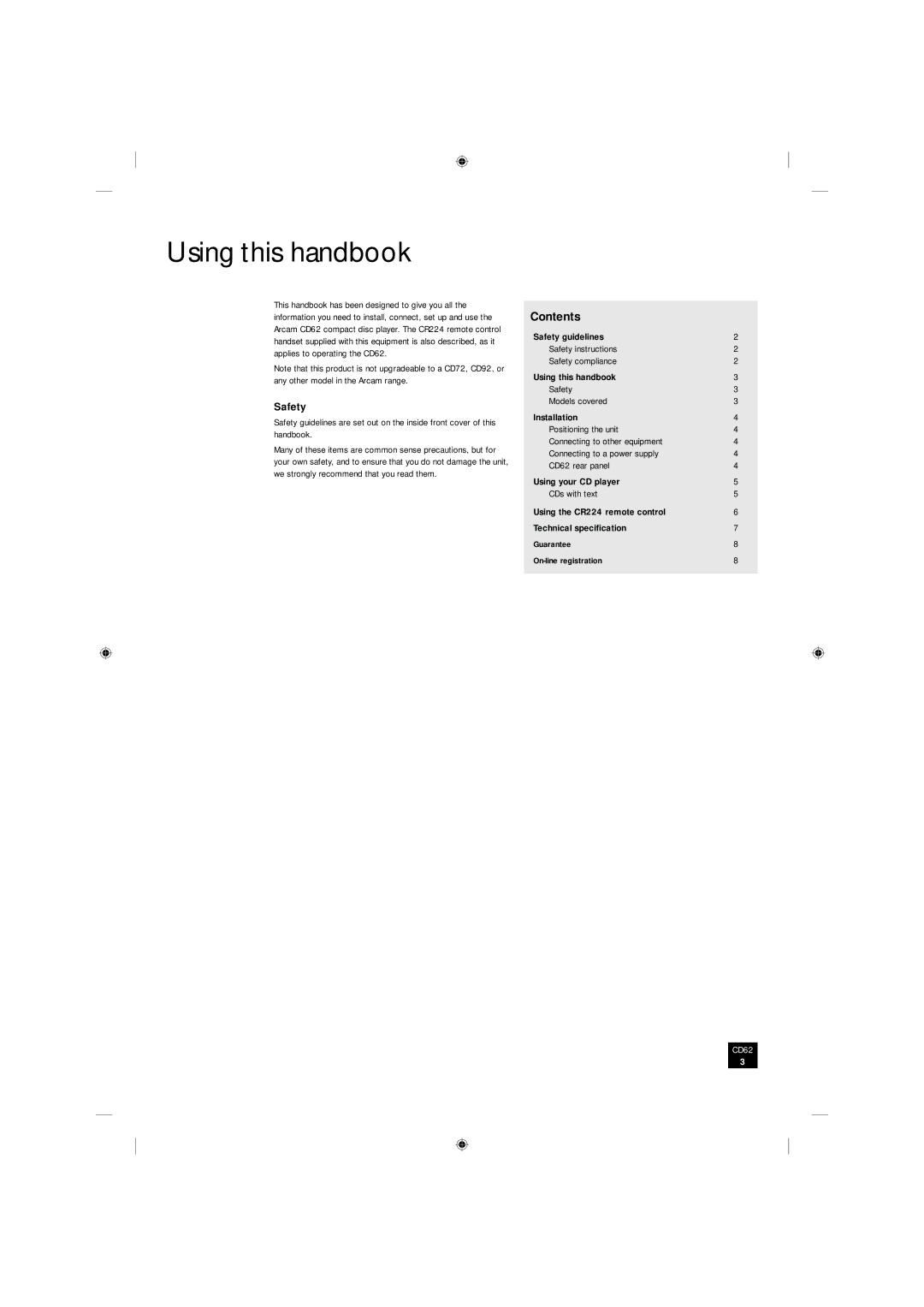 Arcam CD62 manual Using this handbook, Safety, Contents 