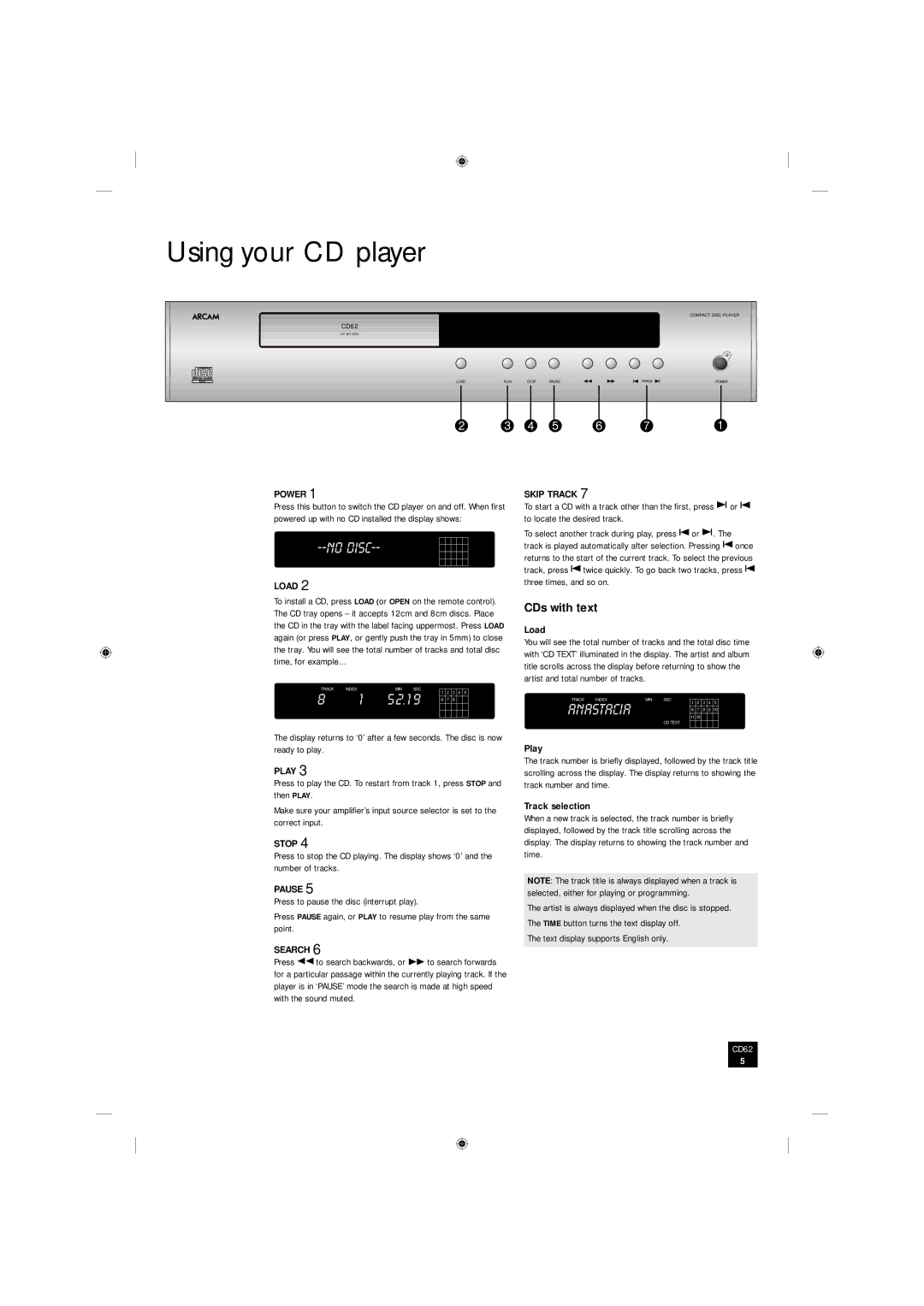 Arcam CD62 manual Using your CD player, CDs with text 