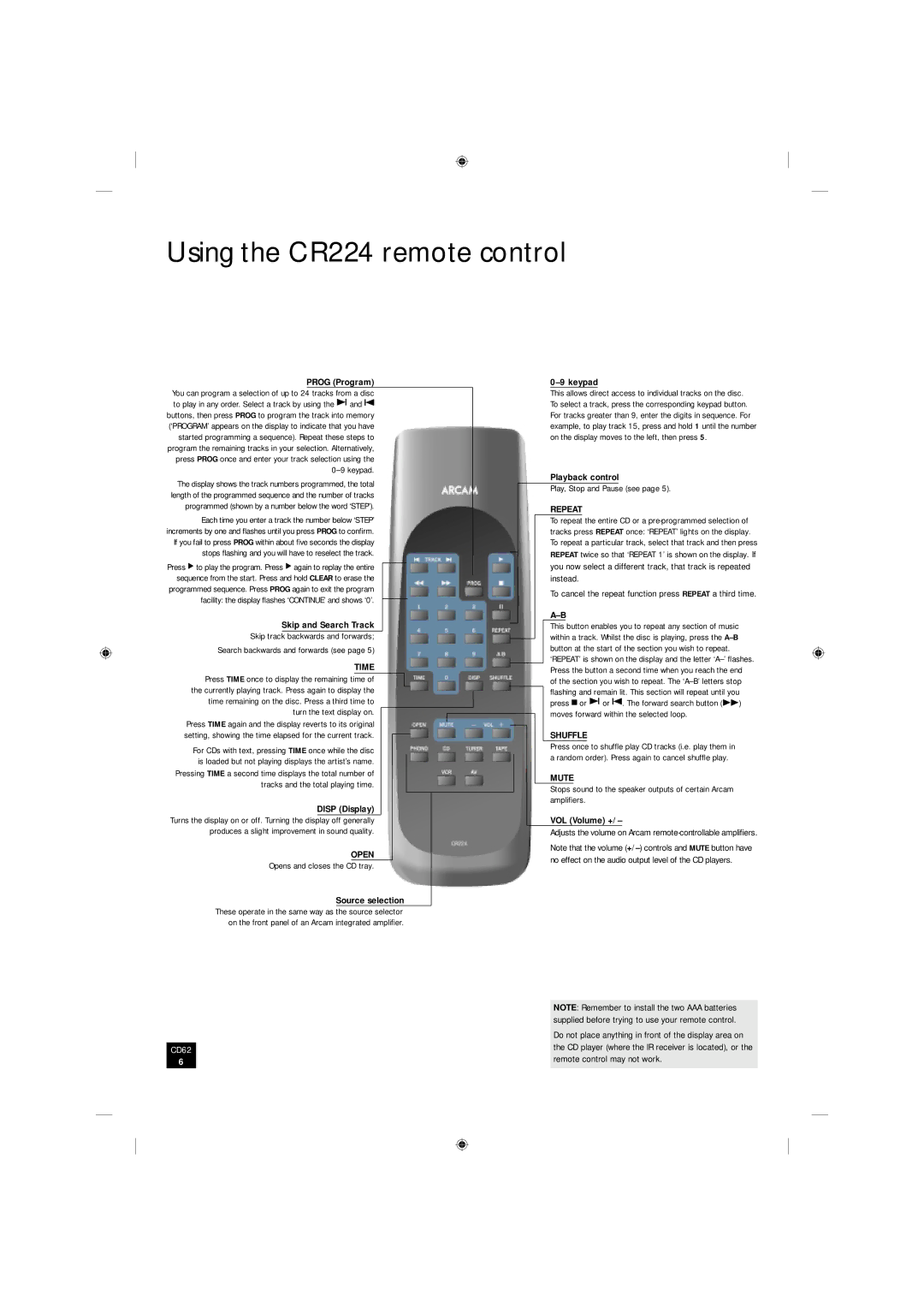 Arcam CD62 manual Using the CR224 remote control 