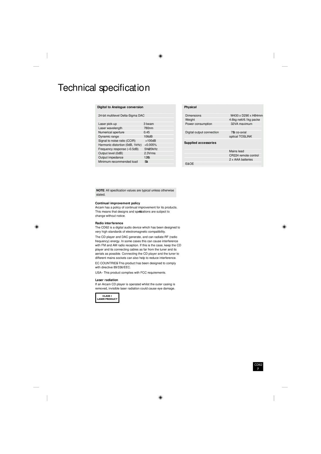 Arcam CD62 manual Technical speciﬁcation 