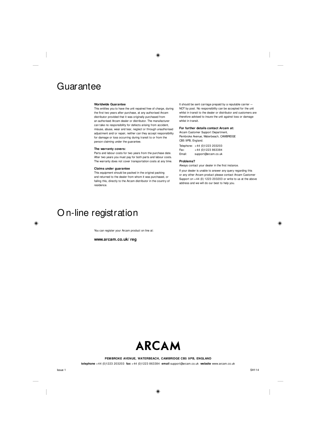 Arcam CD62 manual Guarantee, On-line registration, Pembroke AVENUE, WATERBEACH, Cambridge CB5 9PB, England 