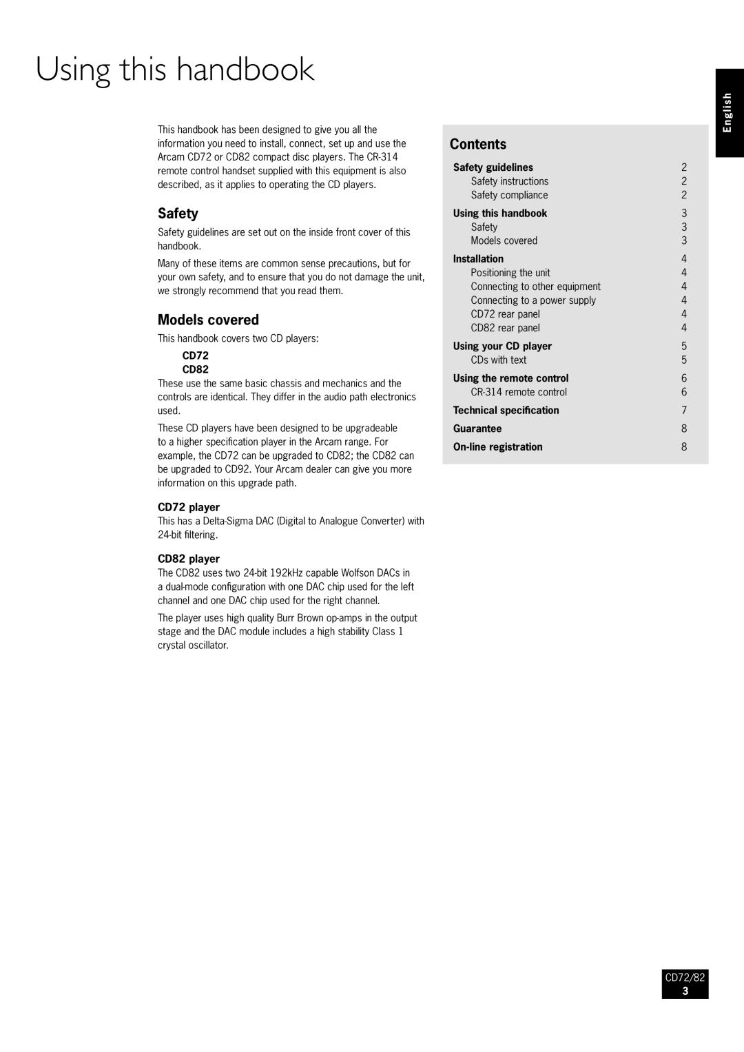 Arcam CD82, CD72 manual Using this handbook, Safety, Models covered, Contents 