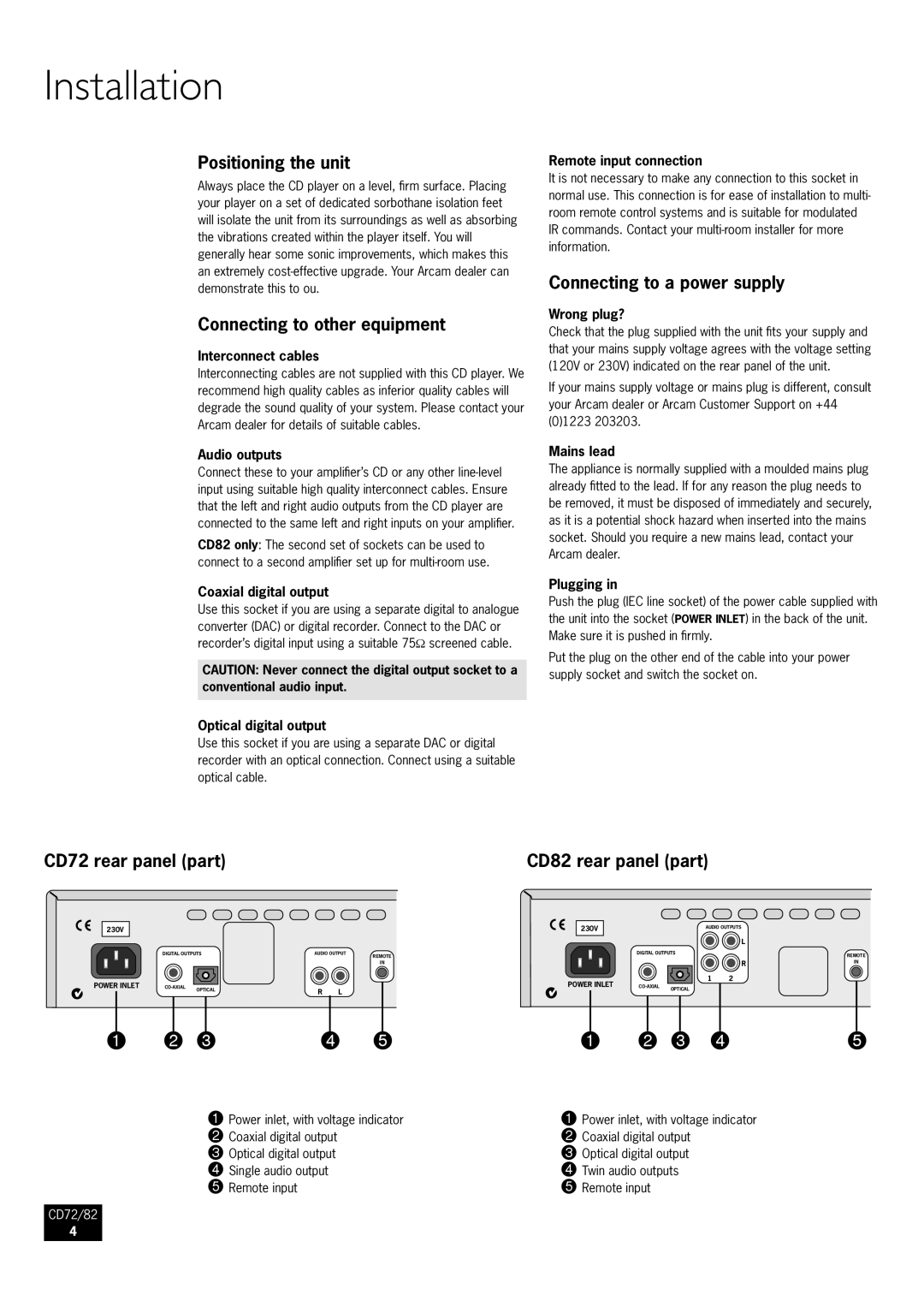 Arcam CD72, CD82 manual Installation 