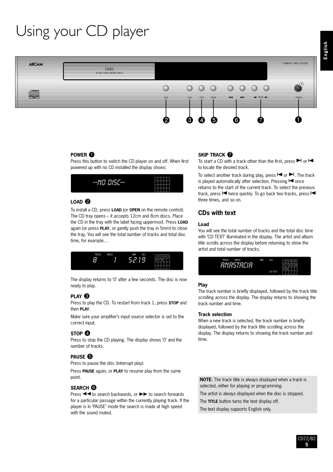 Arcam CD82, CD72 manual Using your CD player, CDs with text 